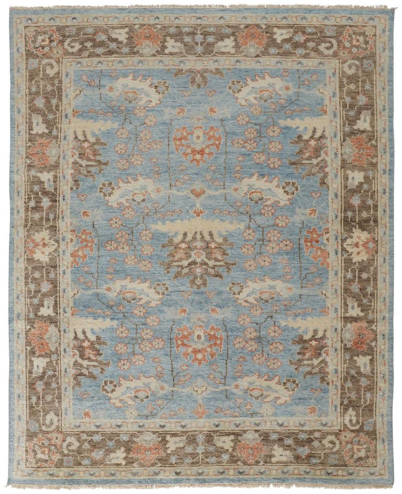 9' X 13' Brown and Blue Wool Oriental Hand Knotted Area Rug