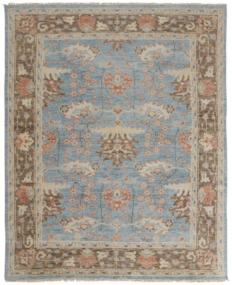 9' X 13' Brown and Blue Wool Oriental Hand Knotted Area Rug