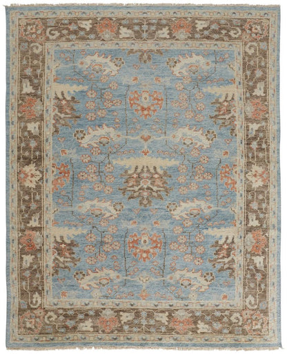 9' X 13' Brown and Blue Wool Oriental Hand Knotted Area Rug