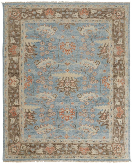 9' X 13' Brown and Blue Wool Oriental Hand Knotted Area Rug