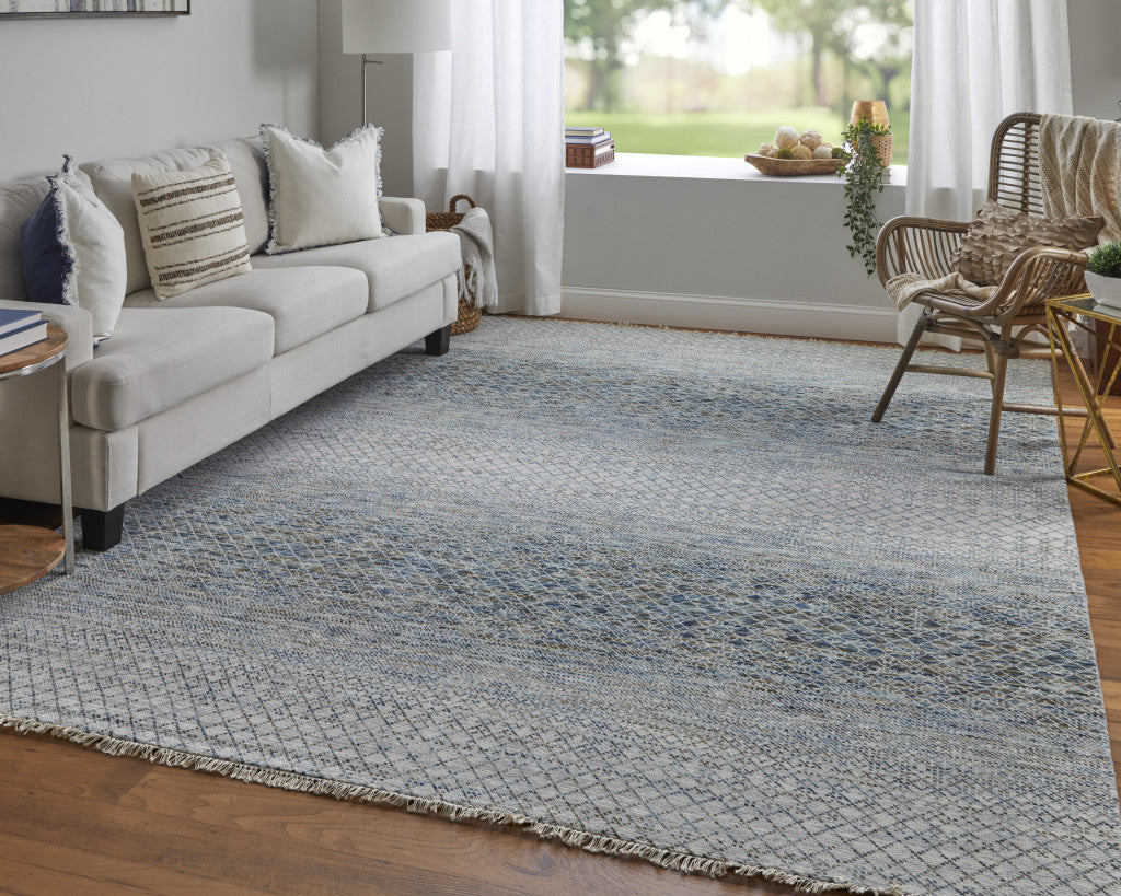 9' X 13' Ivory Blue and Brown Wool Hand Knotted Area Rug With Fringe
