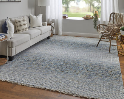 9' X 13' Ivory Blue and Brown Wool Hand Knotted Area Rug With Fringe