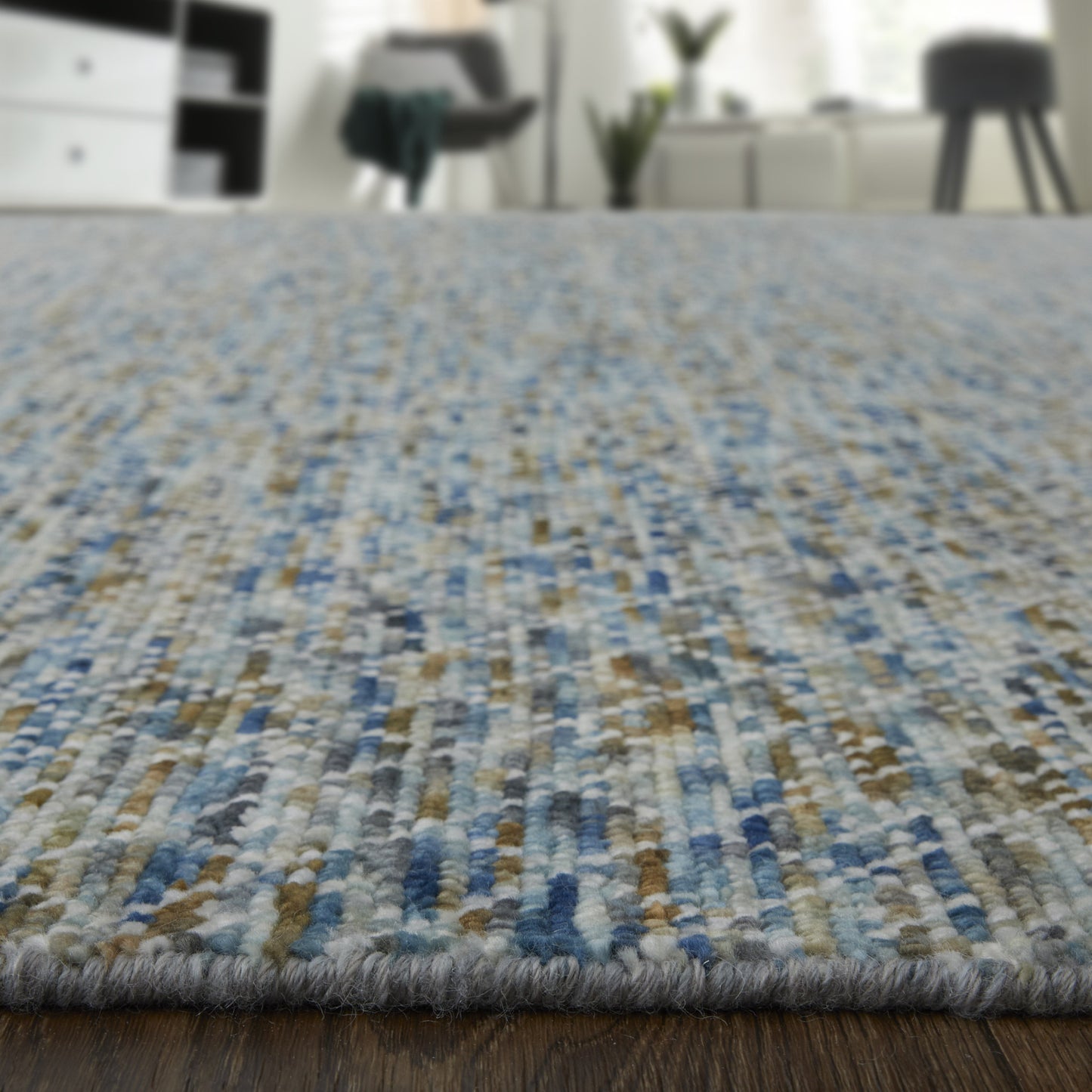 9' X 13' Ivory Blue and Brown Wool Hand Knotted Area Rug With Fringe
