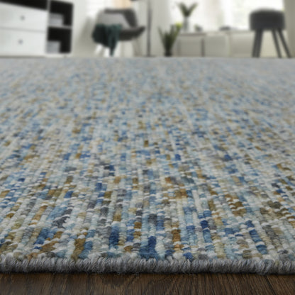 9' X 13' Ivory Blue and Brown Wool Hand Knotted Area Rug With Fringe