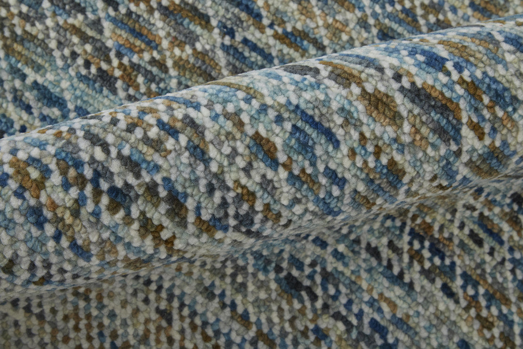 9' X 13' Ivory Blue and Brown Wool Hand Knotted Area Rug With Fringe