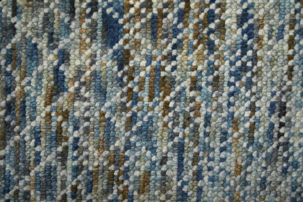 9' X 13' Ivory Blue and Brown Wool Hand Knotted Area Rug With Fringe