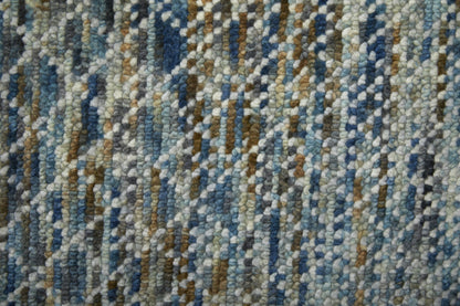 9' X 13' Ivory Blue and Brown Wool Hand Knotted Area Rug With Fringe