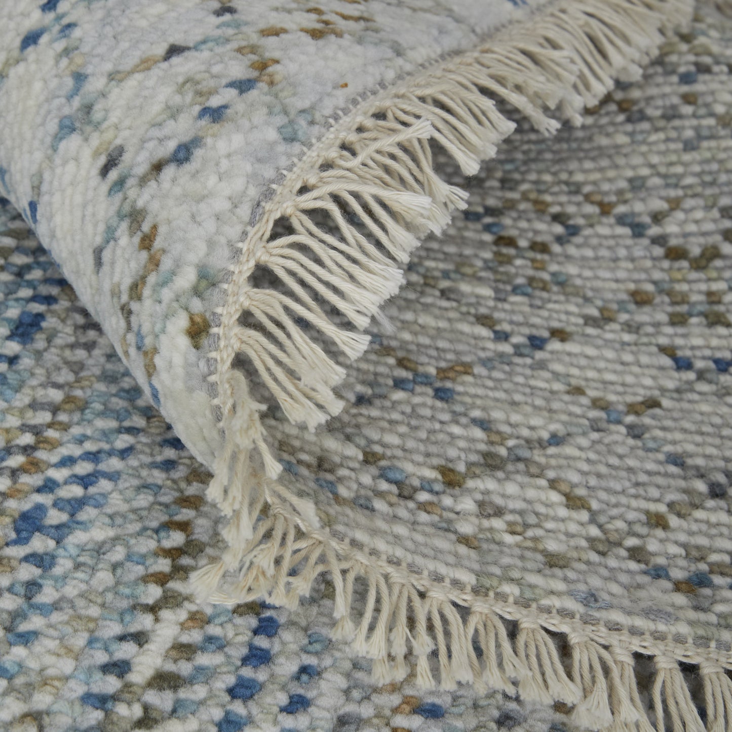 9' X 13' Ivory Blue and Brown Wool Hand Knotted Area Rug With Fringe