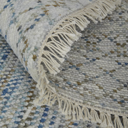 9' X 13' Ivory Blue and Brown Wool Hand Knotted Area Rug With Fringe