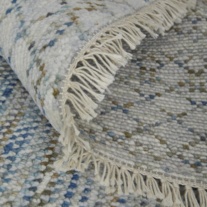 9' X 13' Ivory Blue and Brown Wool Hand Knotted Area Rug With Fringe