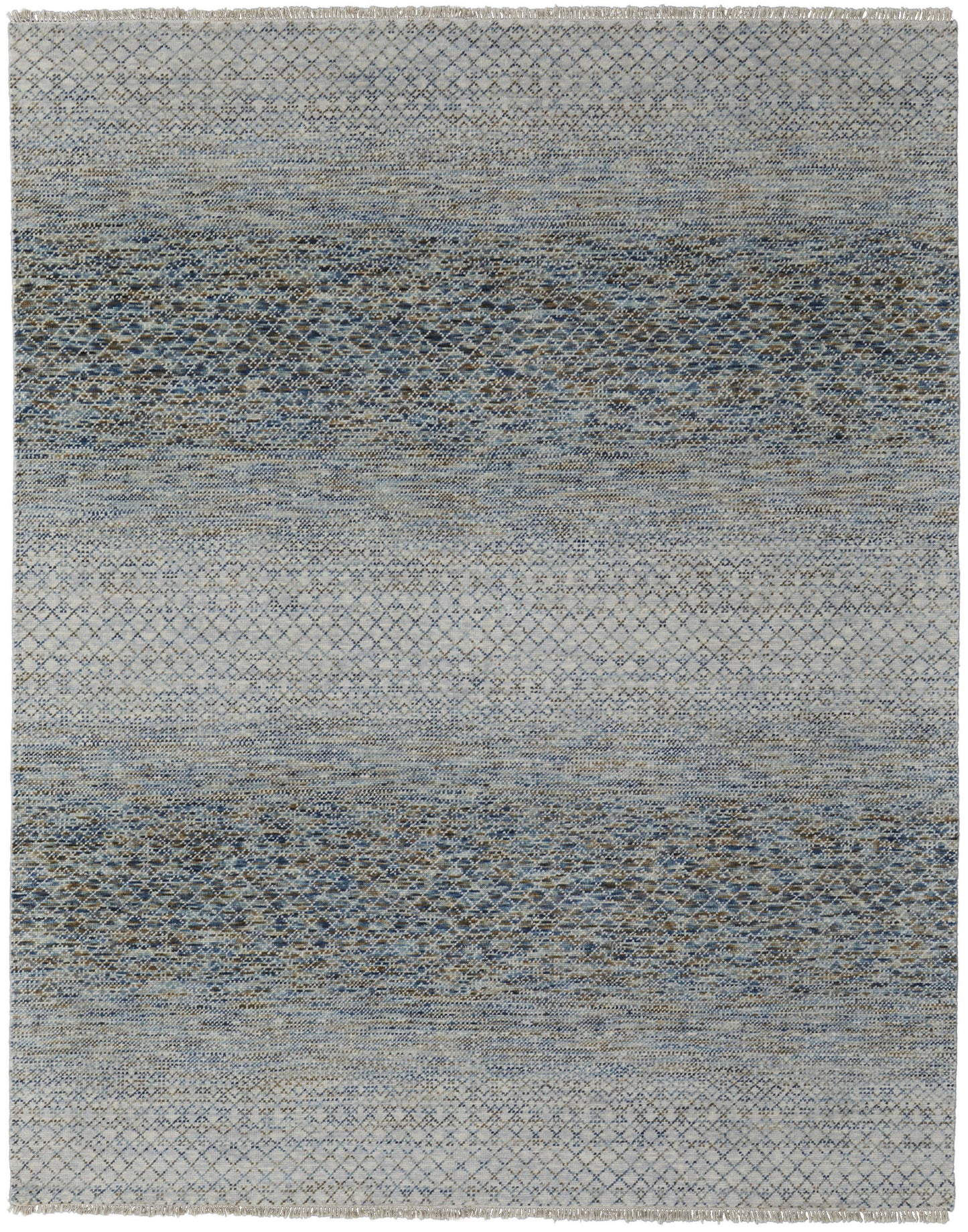 9' X 13' Ivory Blue and Brown Wool Hand Knotted Area Rug With Fringe