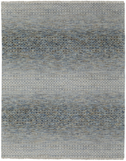 9' X 13' Ivory Blue and Brown Wool Hand Knotted Area Rug With Fringe