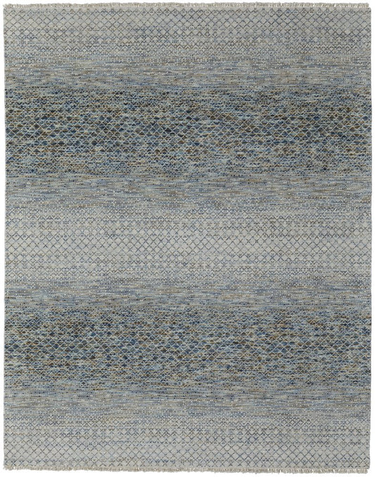 9' X 13' Ivory Blue and Brown Wool Hand Knotted Area Rug With Fringe