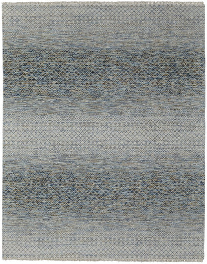 9' X 13' Ivory Blue and Brown Wool Hand Knotted Area Rug With Fringe