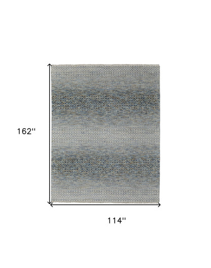 9' X 13' Ivory Blue and Brown Wool Hand Knotted Area Rug With Fringe