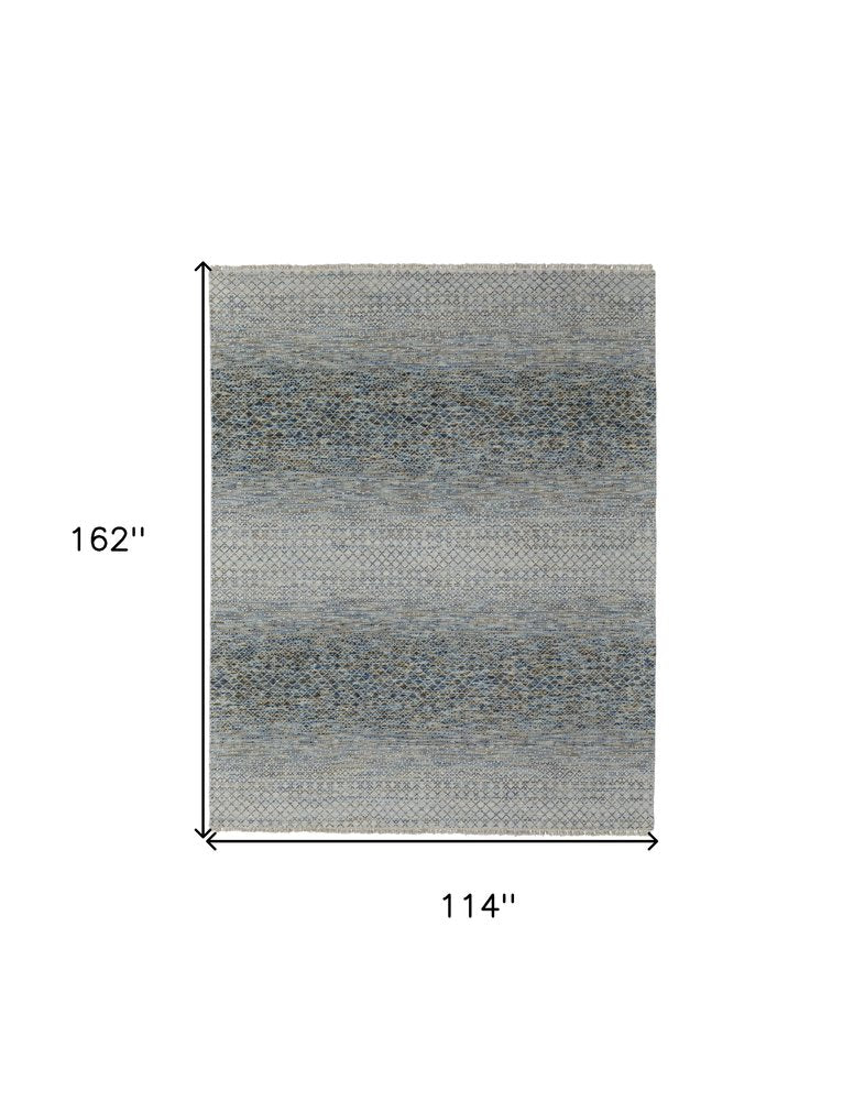 9' X 13' Ivory Blue and Brown Wool Hand Knotted Area Rug With Fringe
