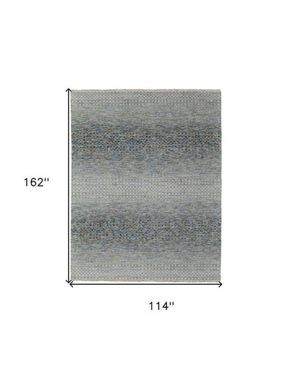 9' X 13' Ivory Blue and Brown Wool Hand Knotted Area Rug With Fringe