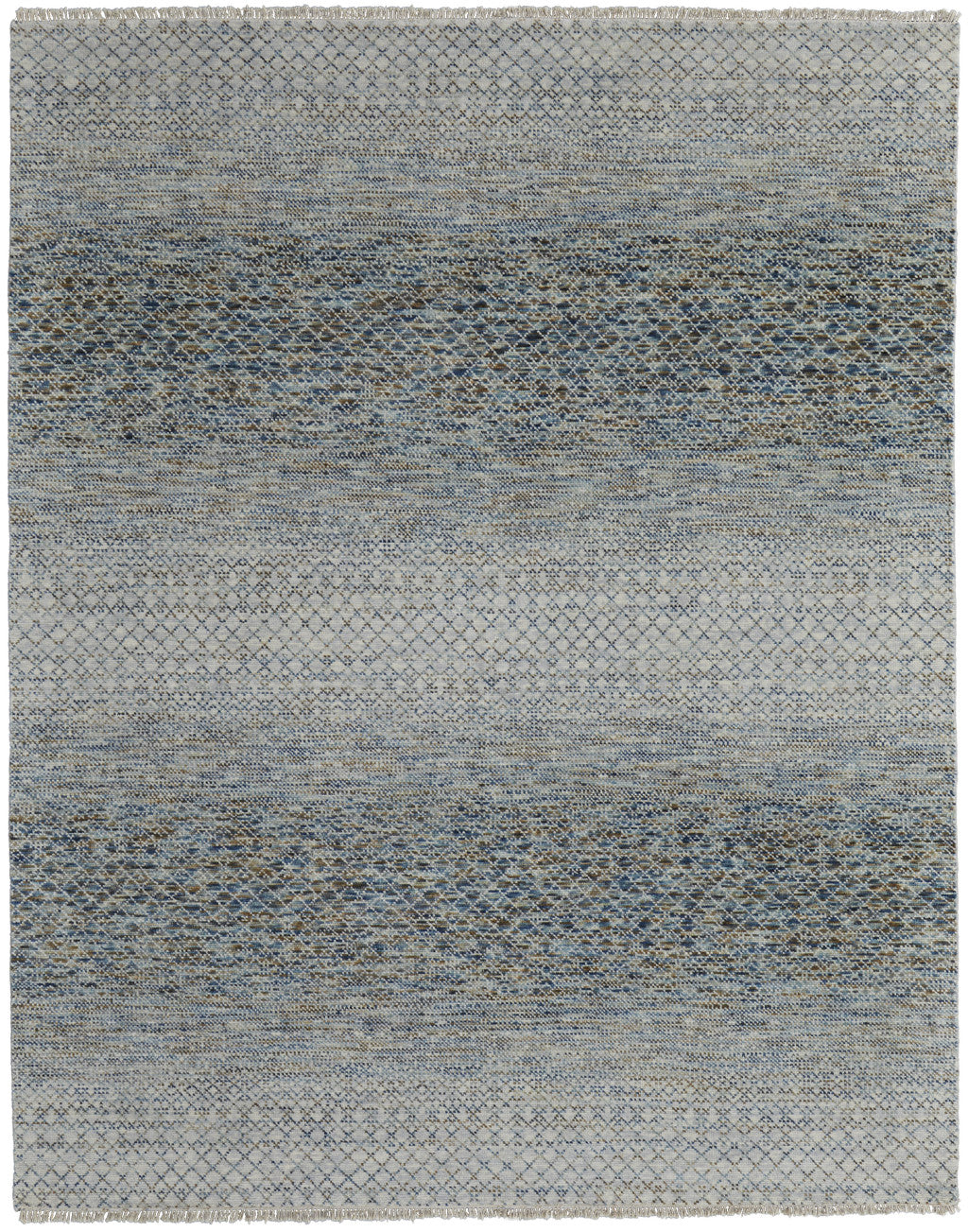 9' X 13' Ivory Blue and Brown Wool Hand Knotted Area Rug With Fringe
