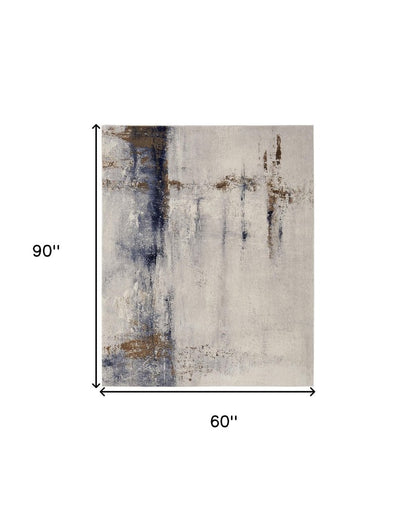5' X 8' Ivory Blue and Brown Abstract Power Loom Area Rug