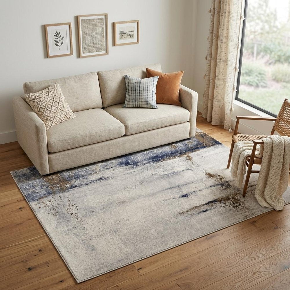 9' X 12' Ivory Blue and Brown Abstract Power Loom Area Rug
