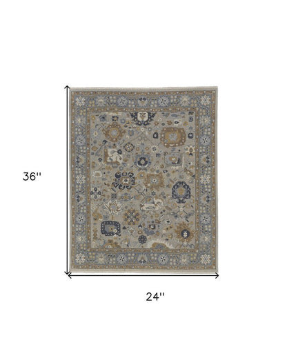 2' X 3' Gray and Brown Wool Oriental Hand Knotted Area Rug With Fringe