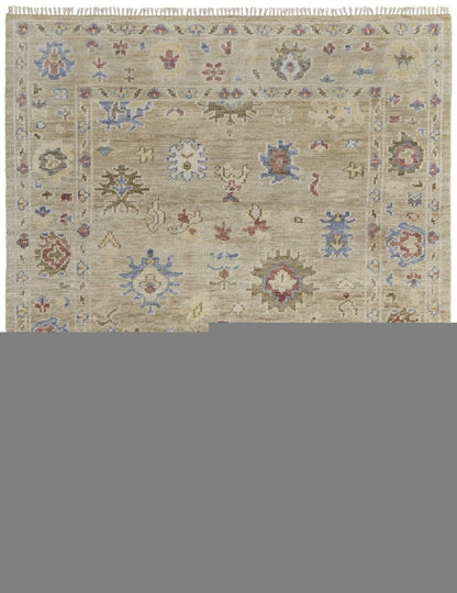 8' X 10' Tan Brown and Blue Wool Floral Hand Knotted Area Rug With Fringe