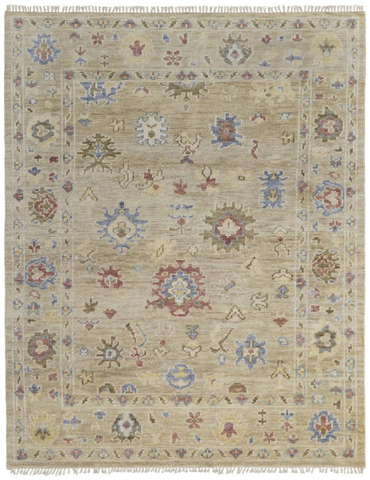 9' X 12' Tan Brown and Blue Wool Floral Hand Knotted Area Rug With Fringe