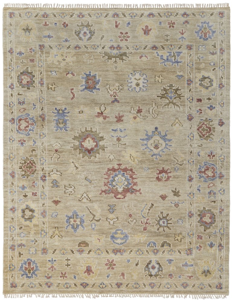 8' X 10' Tan Brown and Blue Wool Floral Hand Knotted Area Rug With Fringe
