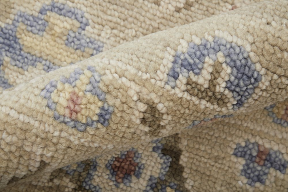 8' X 10' Tan Brown and Blue Wool Floral Hand Knotted Area Rug With Fringe