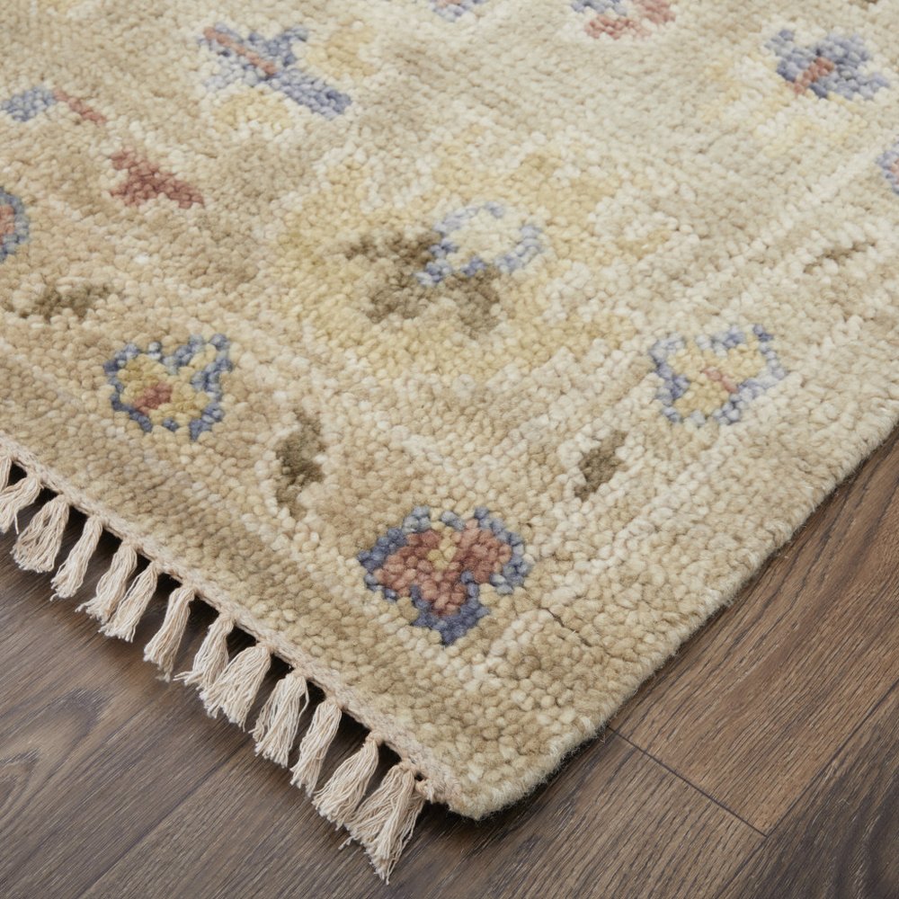 9' X 12' Tan Brown and Blue Wool Floral Hand Knotted Area Rug With Fringe