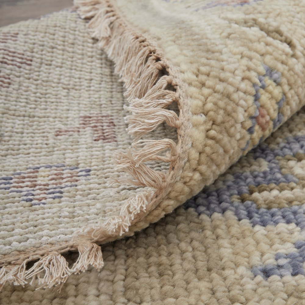 8' X 10' Tan Brown and Blue Wool Floral Hand Knotted Area Rug With Fringe