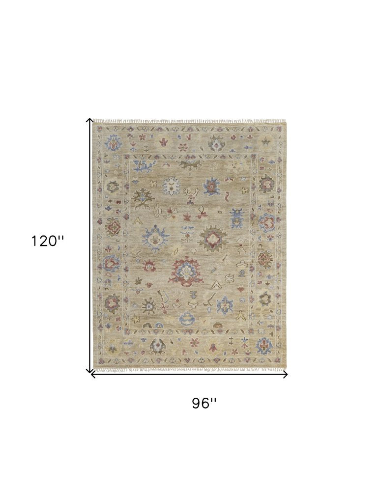 8' X 10' Tan Brown and Blue Wool Floral Hand Knotted Area Rug With Fringe