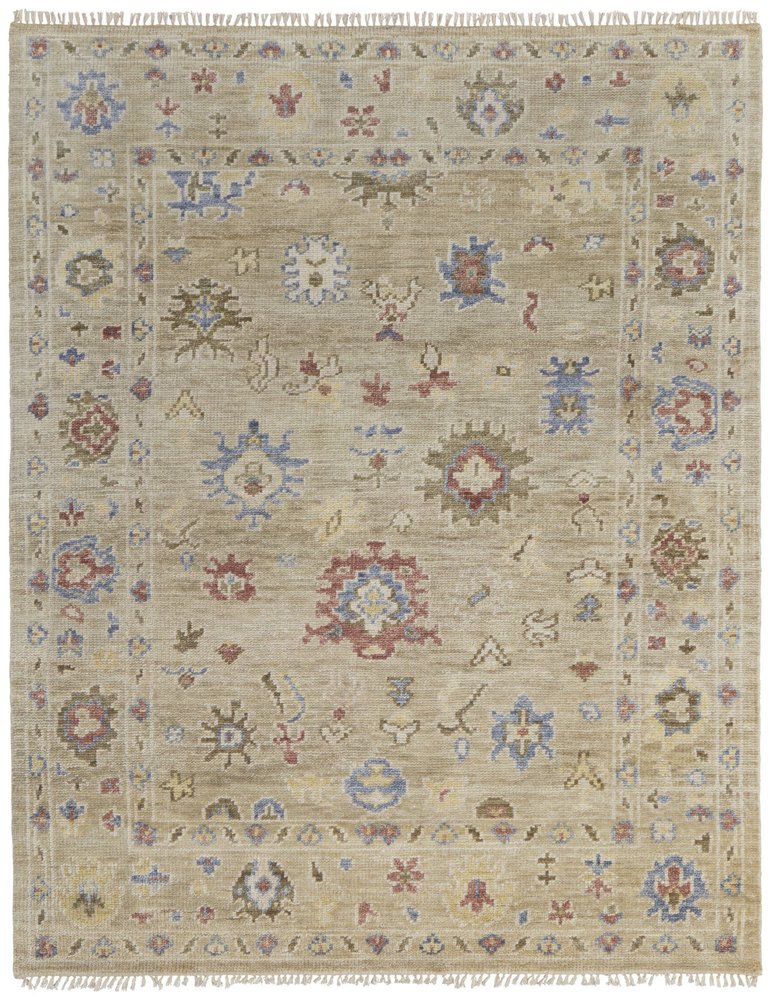 8' X 10' Tan Brown and Blue Wool Floral Hand Knotted Area Rug With Fringe