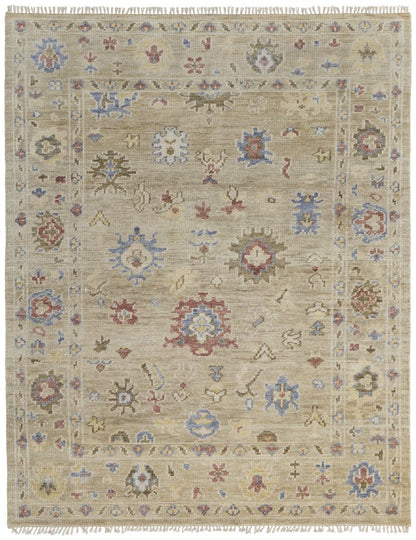 8' X 10' Tan Brown and Blue Wool Floral Hand Knotted Area Rug With Fringe