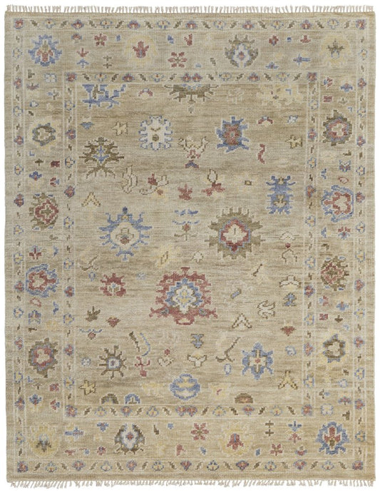 8' X 10' Tan Brown and Blue Wool Floral Hand Knotted Area Rug With Fringe
