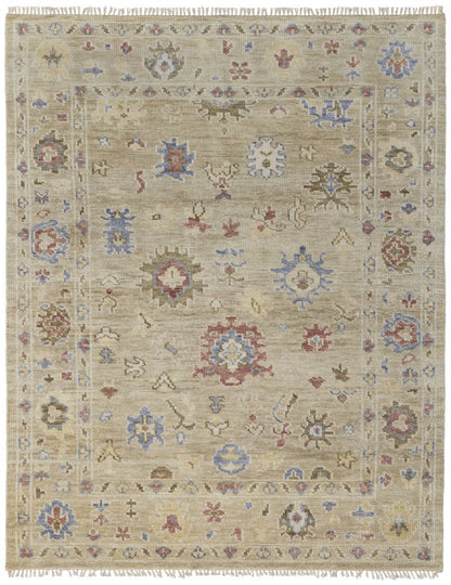8' X 10' Tan Brown and Blue Wool Floral Hand Knotted Area Rug With Fringe