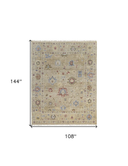 8' X 10' Tan Brown and Blue Wool Floral Hand Knotted Area Rug With Fringe
