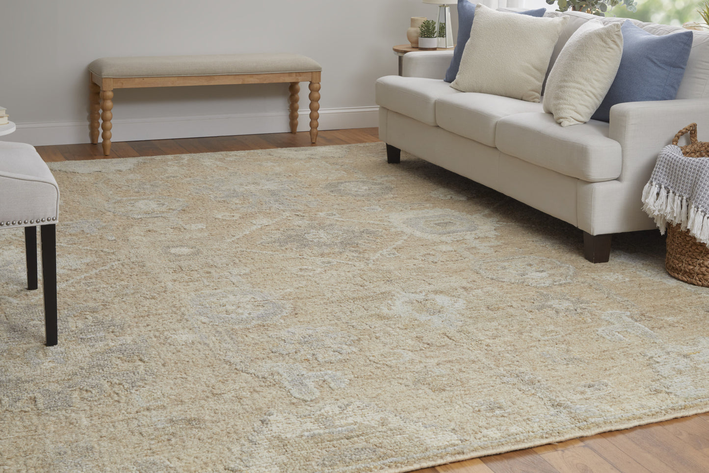 8' X 10' Tan and Ivory Wool Floral Hand Knotted Area Rug
