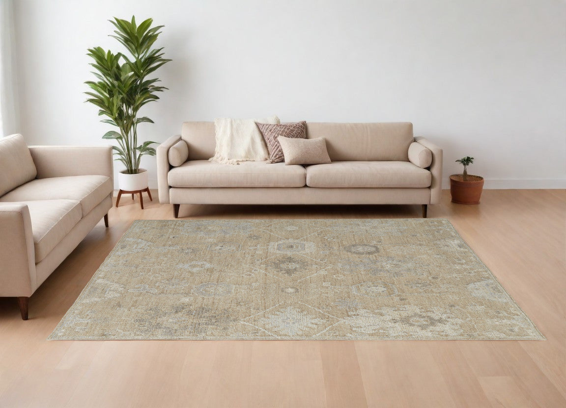 8' X 10' Tan and Ivory Wool Floral Hand Knotted Area Rug