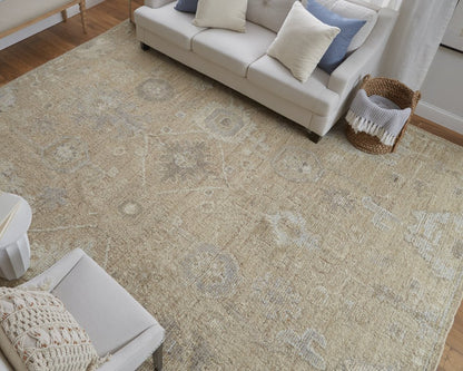 8' X 10' Tan and Ivory Wool Floral Hand Knotted Area Rug