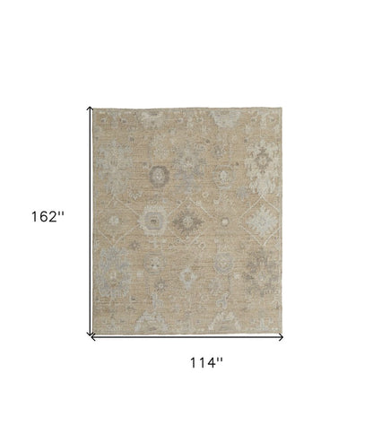 9' X 13' Tan and Ivory Wool Floral Hand Knotted Area Rug