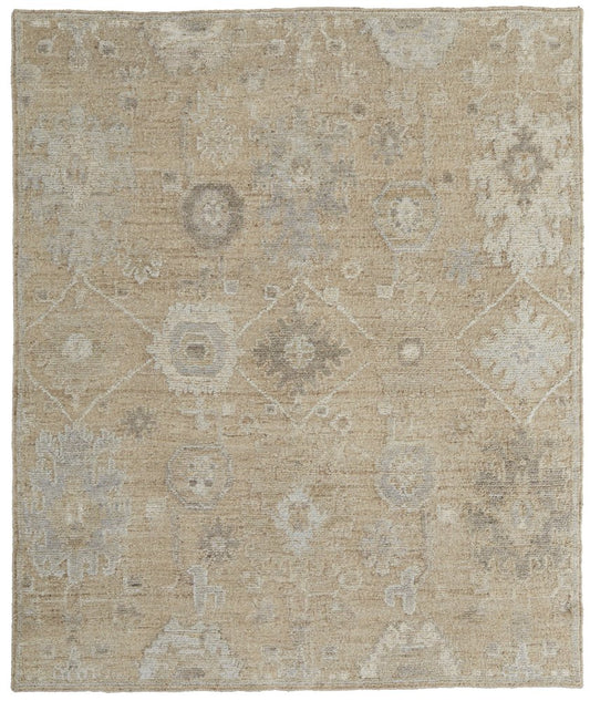 9' X 13' Tan and Ivory Wool Floral Hand Knotted Area Rug
