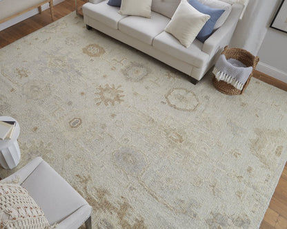 9' X 13' Tan and Gray Wool Floral Hand Knotted Area Rug