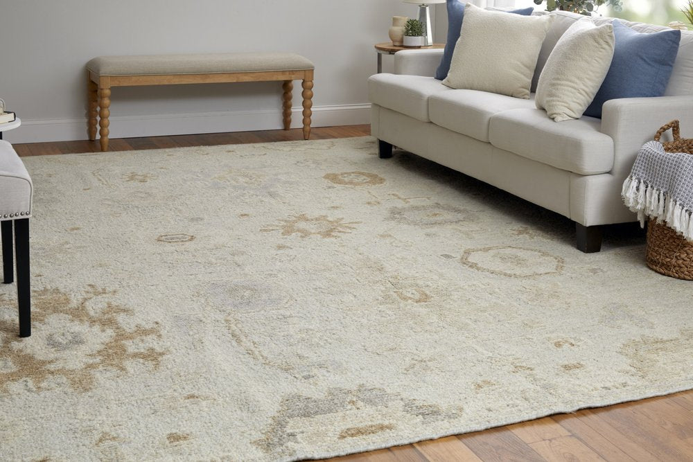 9' X 13' Tan and Gray Wool Floral Hand Knotted Area Rug