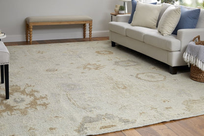 9' X 13' Tan and Gray Wool Floral Hand Knotted Area Rug