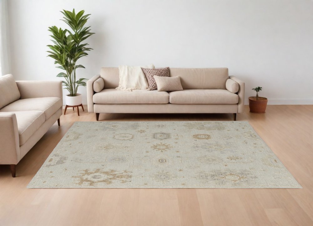 9' X 13' Tan and Gray Wool Floral Hand Knotted Area Rug