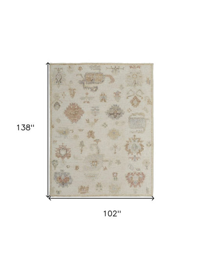 8' X 12' Ivory Tan and Gray Wool Floral Hand Knotted Area Rug