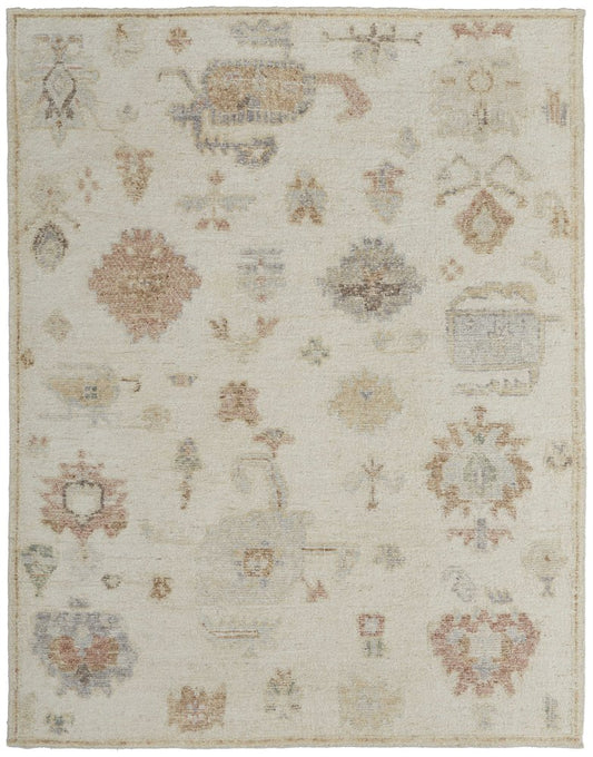 8' X 12' Ivory Tan and Gray Wool Floral Hand Knotted Area Rug