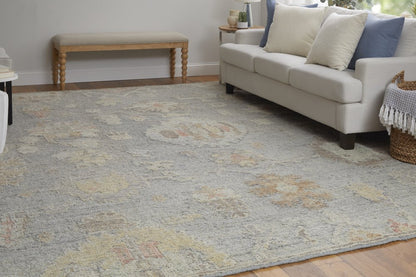 9' X 13' Gray and Blue Wool Floral Hand Knotted Area Rug