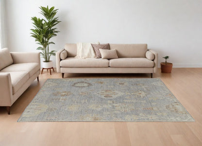 9' X 13' Gray and Blue Wool Floral Hand Knotted Area Rug